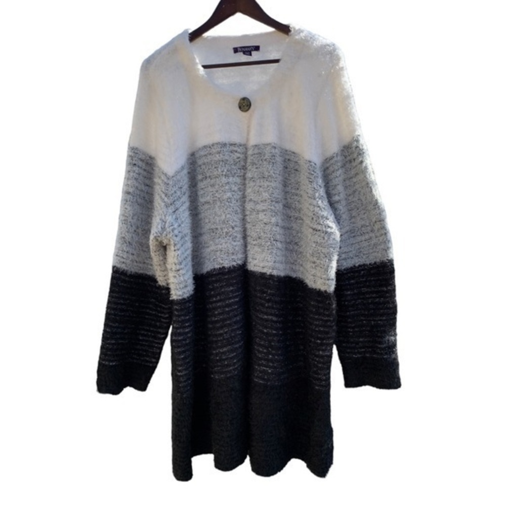 NEW Roaman's Long Black Gray Cream Cardigan Sweater Size 2 X Single Button